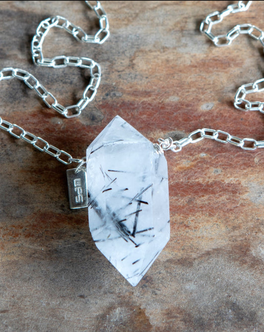 Tourmalinated Quartz natural crystal sterling silver necklace
