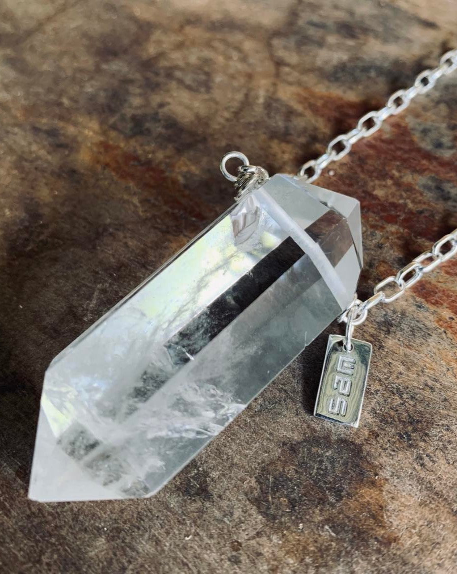Natural clear quartz crystal gemstone double point sterling silver necklace