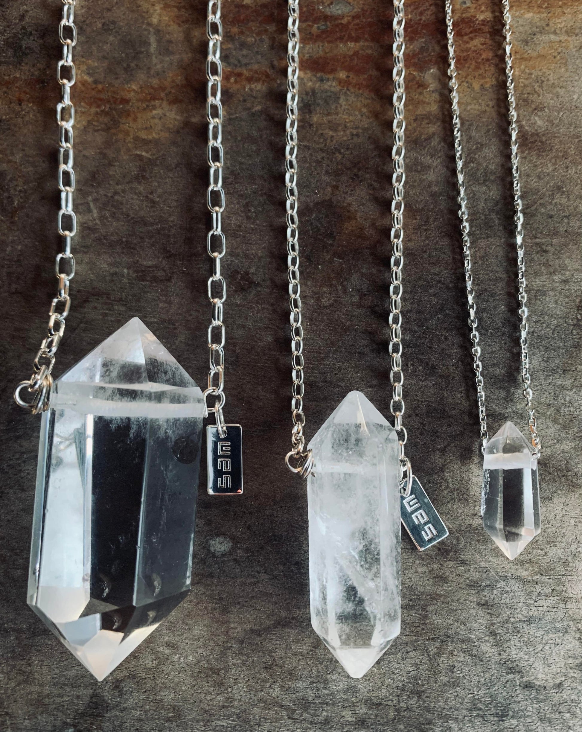 Natural clear quartz crystal gemstone double point sterling silver necklace